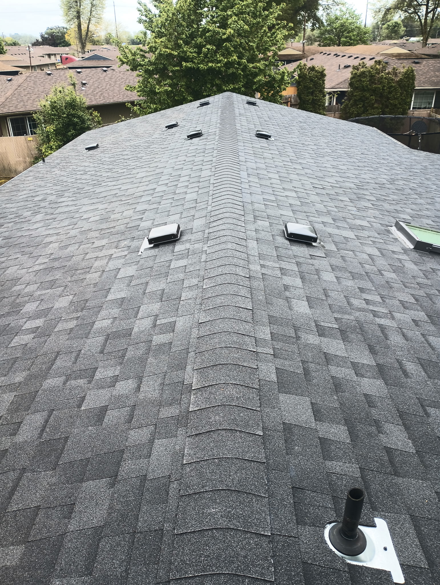 Aerial view of a completed shingle roof ridge line with vents, surrounded by mature trees